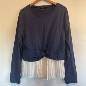 Lea & Viola Sweatshirt w/ Attached Pleated Blouse Effect Navy White Cotton Lrg L